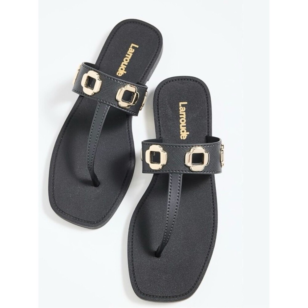 Larroude Milan Jelly Thong Sandals Black Gold Flip Flops Size 10/11 Retail $140